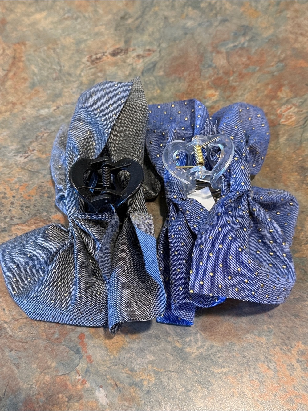 Set of 2 Blue and Grey Polka Dot Fabric Hair Claw Clips NWOT